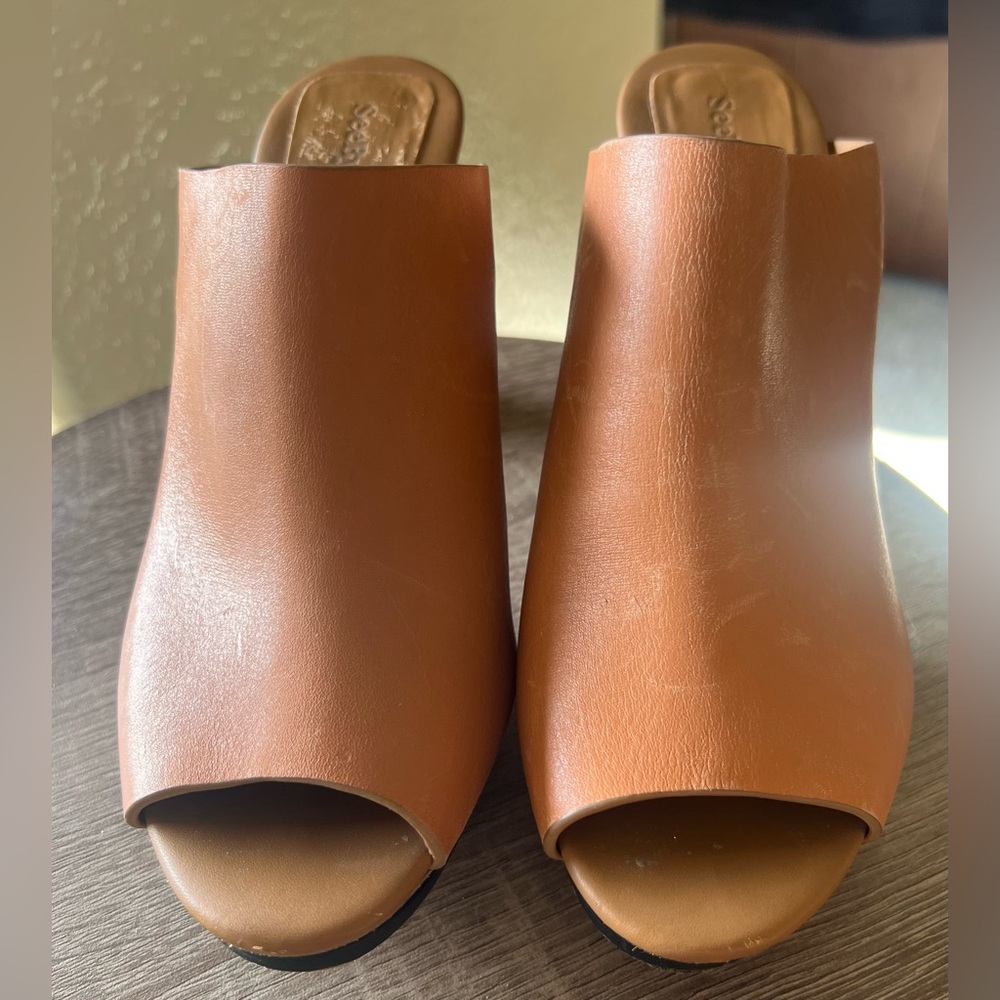See by Chloé Cognac Leather Peep Toe Mule Heels 40.5
